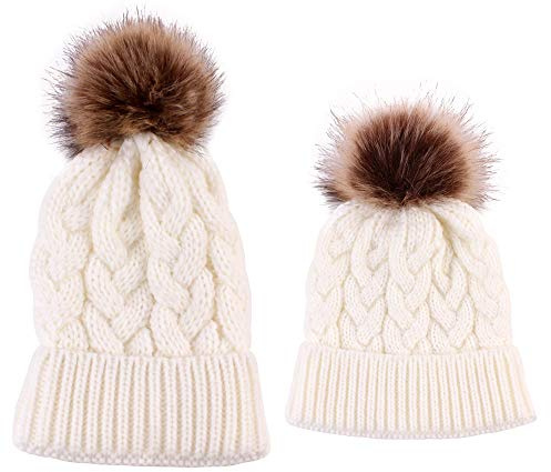 2PCS Bebé Sombreros y Gorras Gorro de Punto para Madre y bebé Gorro a Juego con la Familia Gorro de esquí más cálido para Invierno (Blanco)