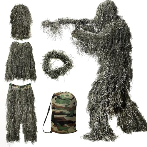DoCred Ghillie Suit, 3D Camouflage Hunting Apparel 5 in 1 Ghillie Suit Including Jacket, Pants, Hood, Carry Bag, Camo Hunting Clothes for Men, Adults, Youth