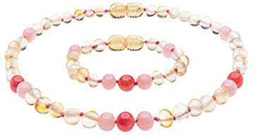 Genuine Amber Necklace and Bracelet from Baltic Sea Made with Polished Lemon Pink and Red Jade 34 cm (13.4 & 5.9 Inches)