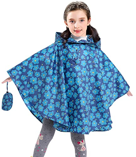 AIWUHE Kids Rain Poncho Cartoon Raincoat Jacket Cute Rain Coat Toddler Boys Girls Rain Cape Lightweight Waterproof Hoodie Outwear Blue Flower S