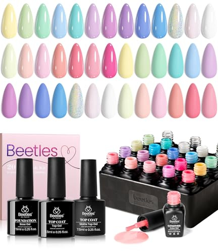 beetles Pastel Gel Polish Set - 20 Colors Spring Gel Nail Kit Dreamy Town Collection Macaroon Pink Yellow Green Blue Glitter Manicure Kit with 3Pcs Base Top Coat Uv LED Summer Gifts for Women