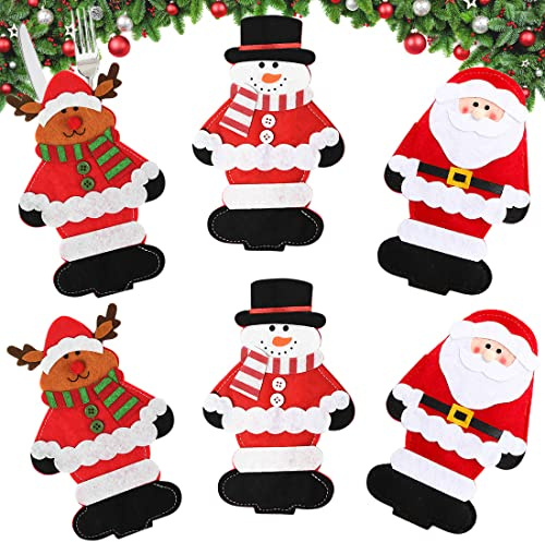 AOBETAK 6 Tasche Porta Posate Da Tavola Per Natale, Pupazzo Di Neve Renna Babbo Coltelli E Forchette Portaposate Natalizi, Decorazione Tavola Da Cena Per Casa Ristorante, Christmas Decoration