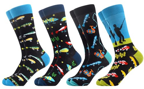 WeciBor Calcetines coloridos ocasionales estampados de algodón peinado divertido novedad de los hombres, 4 pares de pesca, 47-50