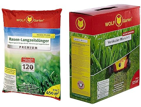 WOLF Garten - Rasen-Langzeitdünger »Premium« 120 Tage LE 450, 3830045, 450 m² & Nachsaat und Düngung Vertikutier-Mix 4-in-1, rot