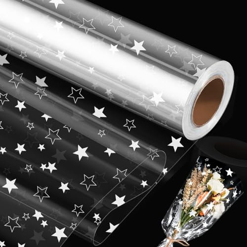 80cm*15m Clear Cellophane Wrap Roll with Star, Topeedy Star Gift Wrapping Paper Roll for Christmas Birthday Gifts Hamper Basket Valentines Day Flower Craft-star