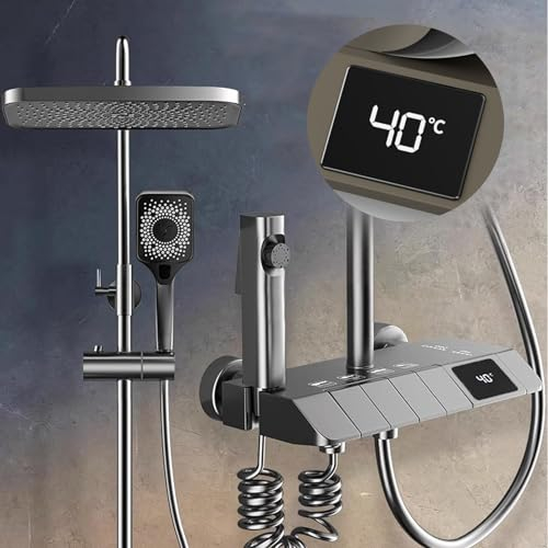 Thermostatique Colonne Douche de Piano, Mural Douche Mitigeur Système avec Affichage de la Température Robinet Ensemble de Douche de Baignoire, Pommeau de Douche, Douche à main | Gris