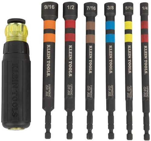 Klein Tools 32950 Ratcheting Impact Rated Hollow Power Nut Driver Set with Handle, Magnetic, Color Coded, 6 SAE Hex Sizes and Handle Included