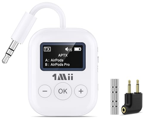 SafeFly Min Adaptateur Avion Bluetooth 5.3, Supporte 2 Casques san Fil, Émetteur Bluetooth pour TV avec aptX Faible Latence, 3.5mm Jack AUX, Transmetteur Audio pour Voyage en Vol, TV, Gym