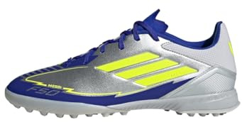 adidas Unisex Kids F50 League Football Boots Turf, Silver Metallic/Solar Yellow/Lucid Blue, 2 UK