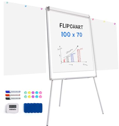 maxtek Flip Chart Whiteboard, 100 x 70 cm Magnetic Whiteboard with Stand, Height Adjustable Portable Flipchart Paper, 2 Extendable Side Arms - Ideal for School, Office, Seminar, Training, Presentation