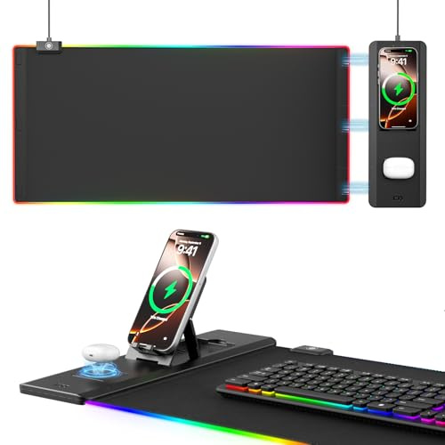 KDD RGB Gaming Mouse Pad with Foldable Phone Holder - Wireless Charging Desk Mat 15W - Computer Keyboard Mat with Ultra-Smooth Surface, Non-Slip Base - for Home Office Gamer Desk Accessories
