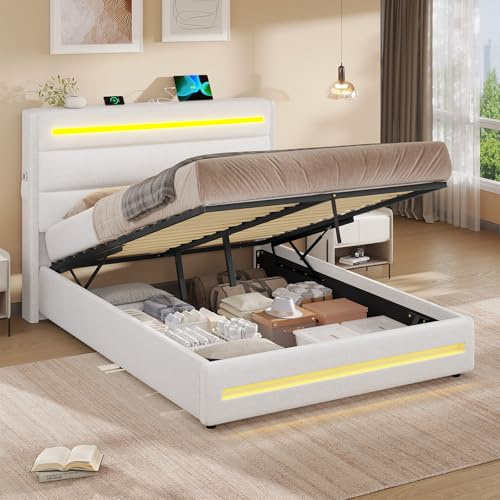 KIMENICH Double Bed Frame 135 x 190 cm with LED Lighting, 4ft6 Upholstered Ottoman Storage Bed With Gas End Lift & Under Bed Storage, Headboard with Storage and USB Type-C Charging, Linen White