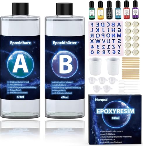 Kit de résine époxy 948ml pour débutants, résine transparente avec durcisseur, accessoires, couleurs, formes pour bois, création artistique, restauration (rapport 1:1)