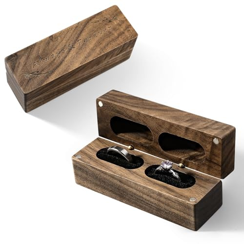 Wood Ring Box Rustic Vintage Wooden Engraved Box Storage Rings Earrings Cufflinks Jewelry Ring Holder Box for Wedding Ceremony Engagement Proposal Anniversary Birthday Gift (Rectangle 2 Slots)
