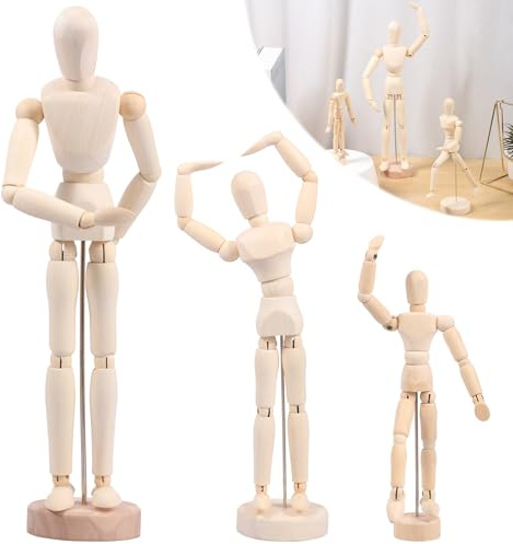 HuhWafee 3 Stück Gliederpuppe Holz Modellpuppe Verstellbare Gliederpuppe mit Sockel,Flexibler Mannequin Modellfigur Zeichenpuppe Holz Holzpuppe zum Zeichnen für Zeichnen, Malen, Kunst
