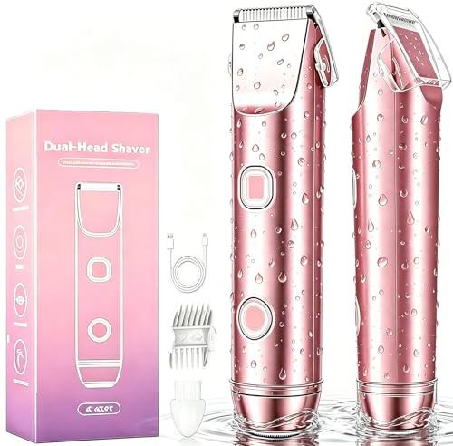 Bamkmbe Rasoio Elettrico Donna, 2 in 1 Impermeabile Depilatore Corpo Donna, bikini a doppia testa, Tagliapeli corporeo per donna Epilatore, IPX7 Display LED Uso a secco/bagnato, Viso e Corpo (Rosa)