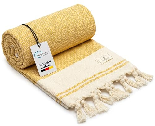 SIEGENTHAL® hamam-handduk – lätt strandhandduk och bastuhandduk av återvunnen bomull – snabbtorkande, stor och mjuk – 90 cm x 200 cm – perfekt för strand, bastu, yoga, picknick – gul