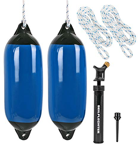 Bateau Fender anlegef Ender Lot de 2 x Fender Fender (Petit) 45 x 12 cm Bleu avec pompe et 2 x Fender Laisse 1,5 m, 10 mm