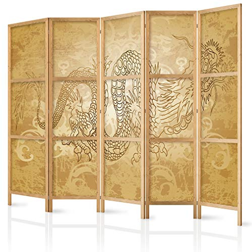 decomonkey Paravento Decorativo 225x172 cm - Motivo geometrico giallo su neutro, struttura in legno solido pieghevole, divisorio interno con design classico elegante moderno - 5 pannelli