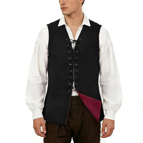 BPURB Mens Renaissance Steampunk Lace-up Vest Gothic Waistcoat Reversible Vest for Men (Black/Red,M)