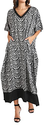 Miss Lavish London Kaftan Dresses for Women Plus Size Long Batwing Sleeve Caftans, V Neck Moo Moo Printed Beach Cover Up Maxi Beach Dress, Bathing Suit Cover-Up Loungewear