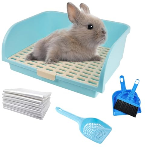 kathson Large Rabbit Litter Box, Pets Toilet Potty Trainer Tray Corner Small Animals Litter Bedding Box Bigger Pet Pan with Grass Mats for Adult Guinea Pig/Chinchilla/Ferret/Rabbit (Blue)
