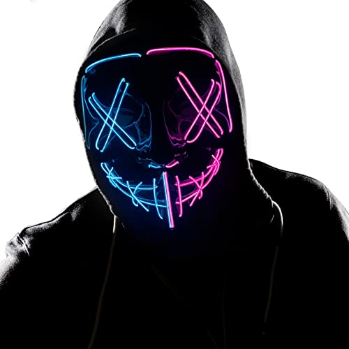 Wlevzzor LED Halloween Gruselmaske, leuchtende Purge Maske für Erwachsene und Kinder, EL Draht Neon Cosplay Kostümmaske für Partys, Festivals und Halloween Geschenke (Blau Orange)