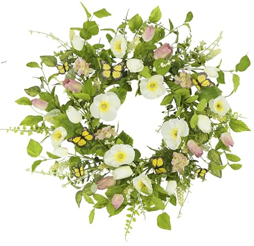 YNYLCHMX 18 Spring Summer Wreaths for Front Door, Artificial Floral Wreath with White Flower Eucalyptus Leaves Butterfly, Green Foliage Wreath for Wall Window Farmhouse Party Holiday Home Decor