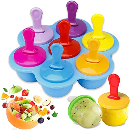 Ice Lolly Moulds, 7 Cavities Silicone Ice Lolly Moulds with Plastic Sticks, Reusable Popsicle Moulds and Storage Container for Homemade Food, Kids Ice Cream DIY Ice Pop Molds BPA Free (Blue)