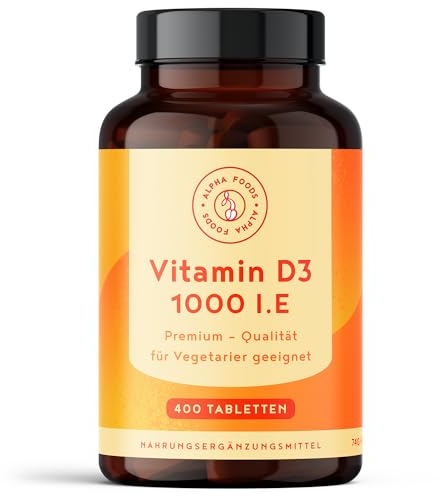 Vitamin D3 1000 I.E. | 400 vegetarische Tabletten | 1+ Jahr Vorrat | Vitamin D (Cholecalciferol) für Immunsystem, Knochen, Zähne & Muskeln | Hochdosiert & ohne Zusätze | Alpha Foods