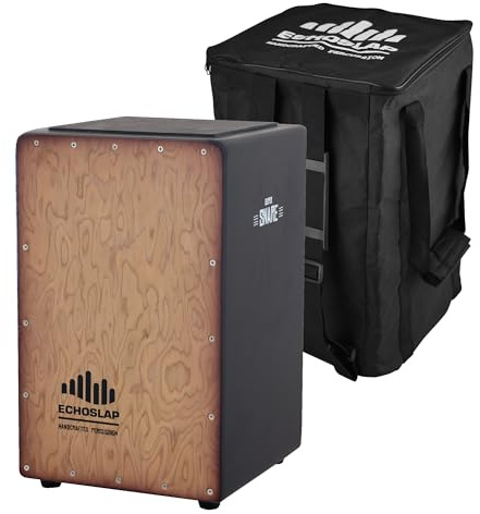 Echoslap Super Snare Cajon Makal Burl Frontplate with Black Body - Hand Crafted Black Siam Oak Body, 21 Fixed Coiled Snare Wires for Crisp Snare Sound, Deep Resinationg Bass + Free Backpack Gig Bag