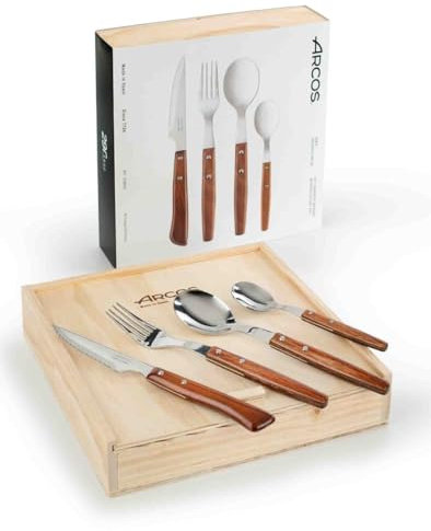 Arcos Serie Gregorio Arcos - Cubertería de 16 piezas - Acero Inoxidable - Mangos de Madera - Color Marrón