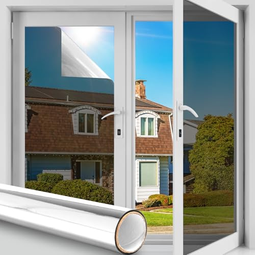 Funfox One Way Mirror Window Film Privacy, Reflective Mirror Tint Film Heat Control UV Sun Blocking Anti Glare Static Cling for Glass Window Covering, Silver 90x400cm