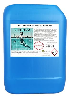 kg 25 Limpida Antialghe Piscina Sistemico Microincapsulato Non Schiumogeno e Termoresistente Azzurrante, Schiarente, Fungicida Adatto per Tutti i Filtri Piscina e Vasche Idromassaggio