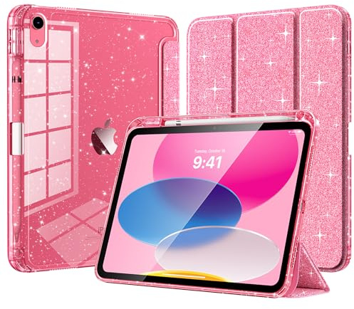 TiMOVO Cover per iPad A16 11 Generazione 11 Pollici 2025, iPad 10 Generazione 2022 10,9 Pollici, Custodia Guscio Posteriore Trasparente Lucido e Portapenne, Auto Sveglia/Sonno, Rosa Glitterato
