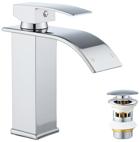 VONATES Bathroom Taps, 304 Stainless Steel Waterfall Tap with Ceramic Valve Cartridge, 60cm G1/2 Hoses, Easy to Install, Waterfall Faucet + Pop Up Waste with Liftable Basket