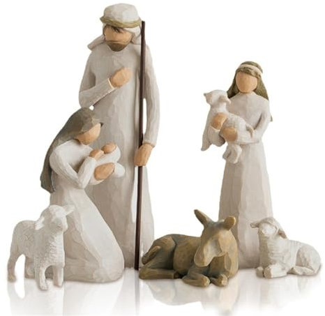 Presepe in resina con 6 personaggi e stalla, statuetta di Gesù, presepe in resina, piccole persone, set di presepe Born Scene Willow-Tree figurine