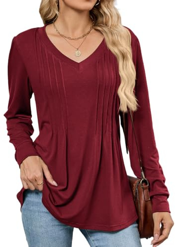 SCHOOLMOON Maglietta Donna Manica Lunga Elegante Scollo a V Tinta Unita Camicia Casual Basic Lunga Blusa Autunno Moda Tunica Tee(Rosso,XL)