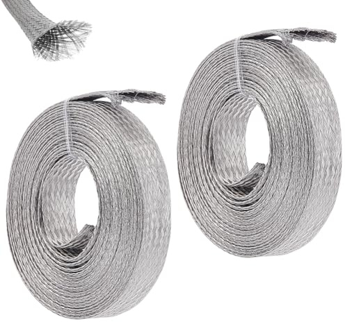 UNICRAFTALE 15mm Wide Braided Sleeving Braid Stainless Steel Cable Wire Shielding Sleeve Ground Straps Protection Metal Mesh Flexible Expandable Scalable Ribbon Wire for Protect Cable 26 Feet