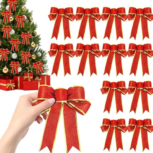 16.5×18.5cm Christmas Tree Bows 12 XL Weihnachtsschleife Haustür mit Band Adventskranz Schmuck Weihnachtsschleifen Rot Schultüte Schleife Schultüten Christbaumschleifen Glitzer Weihnachten Schleifen