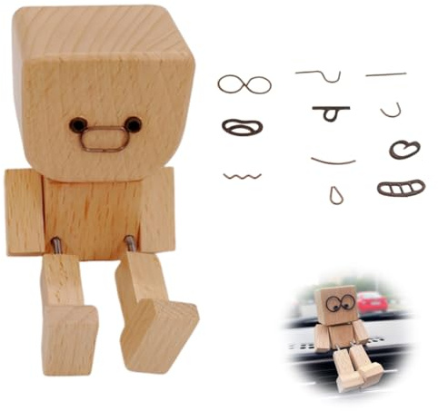 YAZWUR Figura de Madera Artesanal con Movimiento, Muñeco de Madera con 12 Expresiones DIY, Decoración para Escritorio y Salpicadero, Accesorio para Coche
