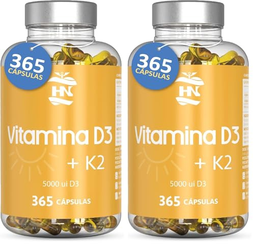 Vitamina D - 365 Cápsulas de vitamina D3 K2 – Vitamina D (5000 UI) altamente concentrada. Favorece la función inmunológica y ósea - 365 cápsulas (1 Bote 365 Cápsulas) (Paquete de 2)