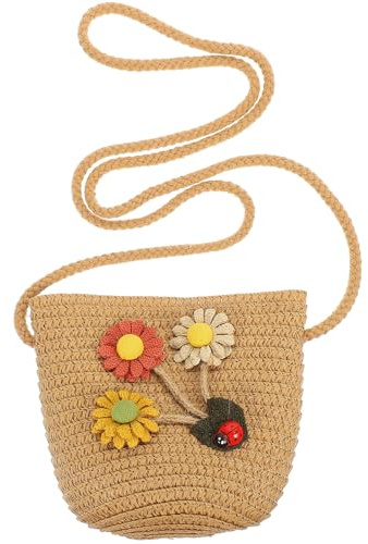 Hohopeti Bolso Bandolera Infantil de Paja Pequeño y Portátil con Diseño de Mariquita para Playa Picnic y Uso Diario Bolso Cruzado Adorable para Niñas