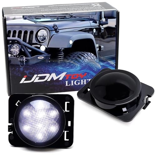 iJDMTOY Smoked Lens White Full LED Front Fender Flare Side Marker Light Kit Compatible With Jeep 2007-2017 Wrangler JK, Replace OEM Amber or Clear Sidemarker Lamps