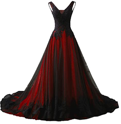 NaTengs Robe de mariée gothique pour femme avec application - Col en V - Ligne A - Robe de mariée avec traîne, rouge, 50
