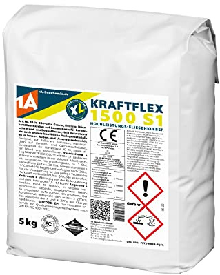 1A KRAFTFLEX 1500 S1, Hochleistungs-Fliesenkleber, Innen-, Außen & Unterwasserbereich, Dünnbettfliesenkleber. grau, 5 kg