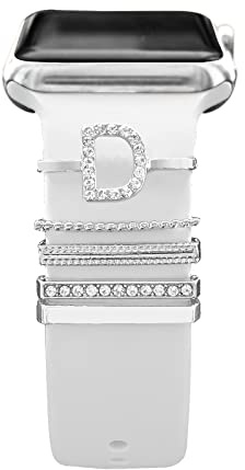 5 Pcs Breloques pour Bracelet Apple Watch 46mm 42mm 44mm 40mm 41mm 45mm 38mm 49mm Femme,Anneau Décoratif iWatch 10 9 8 7 6 5 4 3 SE/Galaxy Watch 7 6 5 4 Smart Watch Band Métal Brillant Accessoires