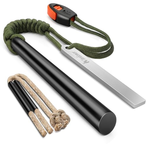 Ferro Rod Fire Starter Kit – 5 Flint and Steel with Two Waxed Tinder Cord & Paracord for Camping, Hiking, Outdoor Survival, Emergency Preparedness