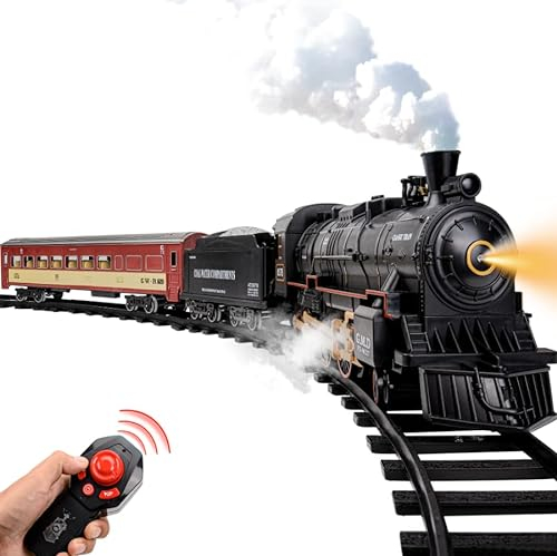 Cadeau de Noël pour Les Enfants de 3 à 12 Ans, Jouet de Train électrique pour garçons et Filles, fumée, lumières et Sons, Set de Train avec Locomotive à Vapeur, Wagons de Marchandises et Rails.