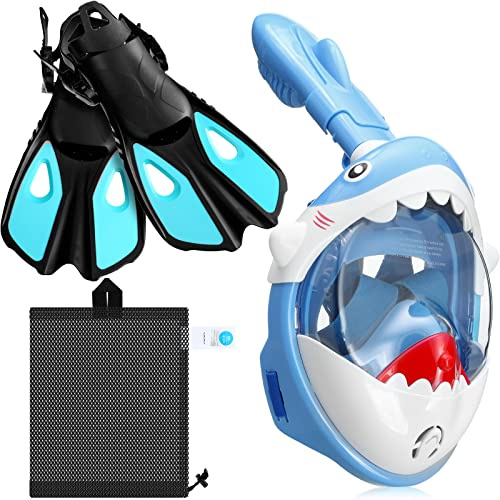 Moukeren 2 Pcs Full Face Snorkel Mask for Kids with Adjustable Swim Fins 180 Degree Panoramic View Shark Snorkeling Gear Diving Fins Swim Flippers for Children Boys Girls(Blue)